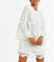 Mestiza New York 3D Floral Lace Embellished Mesh Crew Neck Long Flare Sleeve Shift Mini Dress