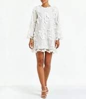 Mestiza New York 3D Floral Lace Embellished Mesh Crew Neck Long Flare Sleeve Shift Mini Dress