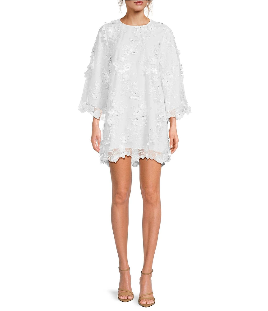 Mestiza New York 3D Floral Lace Embellished Mesh Crew Neck Long Flare Sleeve Shift Mini Dress