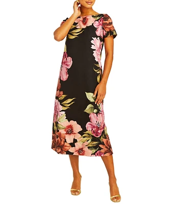 Mestiza New York Adria Stretch Crepe Floral Print Boat Neck Short Sleeve Midi Dress