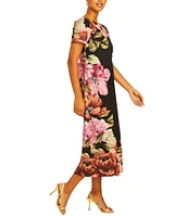 Mestiza New York Adria Stretch Crepe Floral Print Boat Neck Short Sleeve Midi Dress