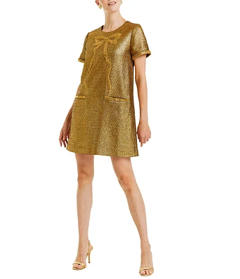 Mestiza New York Ainslee Metallic Jacquard Round Neck Beaded Bow Mini Dress