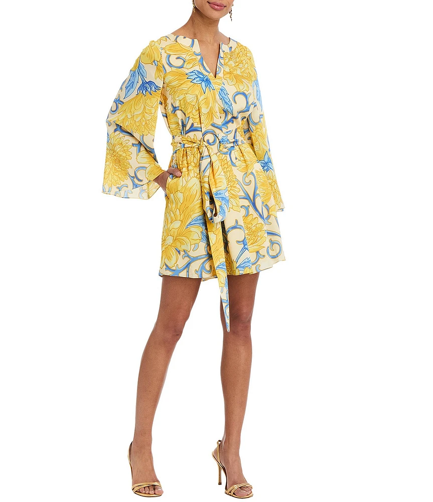 Mestiza New York Cabo Printed Twill Split V-Neck Long Bell Sleeve Caftan Mini Dress