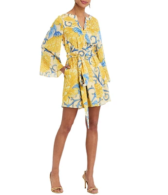 Mestiza New York Cabo Printed Twill Split V-Neck Long Bell Sleeve Caftan Mini Dress