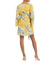 Mestiza New York Cabo Printed Twill Split V-Neck Long Bell Sleeve Caftan Mini Dress