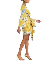 Mestiza New York Cabo Printed Twill Split V-Neck Long Bell Sleeve Caftan Mini Dress