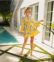 Mestiza New York Cabo Printed Twill Split V-Neck Long Bell Sleeve Caftan Mini Dress