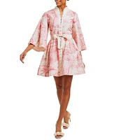 Mestiza New York Carmen Toile Print Button Up Mandarin Collar Butterfly 3/4 Sleeve Bow Tie Waist Mini A-Line Dress