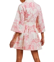 Mestiza New York Carmen Toile Print Button Up Mandarin Collar Butterfly 3/4 Sleeve Bow Tie Waist Mini A-Line Dress