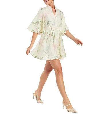 Mestiza New York Carmen Pastel Floral Print Mandarin Collar 3/4 Full Sleeve Mini A-Line Dress