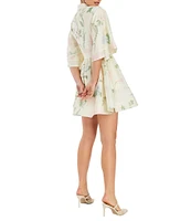 Mestiza New York Carmen Pastel Floral Print Mandarin Collar 3/4 Full Sleeve Mini A-Line Dress