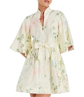 Mestiza New York Carmen Pastel Floral Print Mandarin Collar 3/4 Full Sleeve Mini A-Line Dress