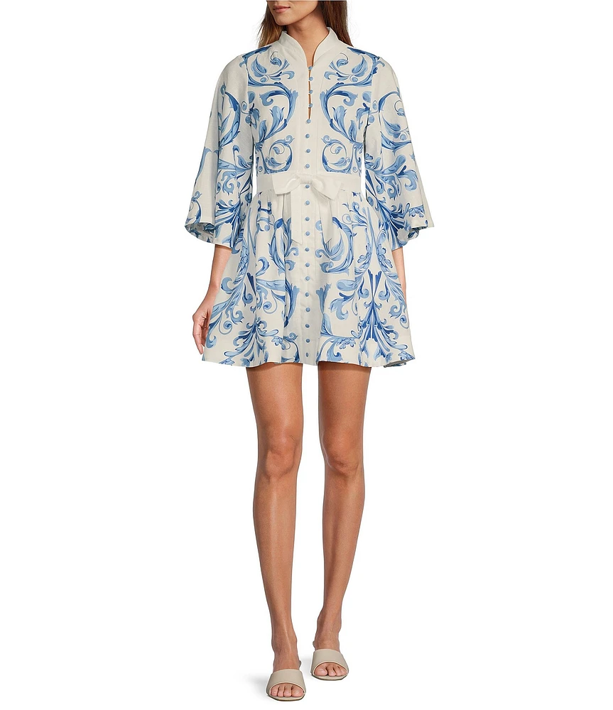 Mestiza New York Carmen Floral Print Mandarin Collar 3/4 Full Sleeve Tie-Waist Mini A-Line Dress