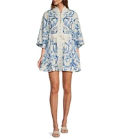 Mestiza New York Carmen Floral Print Mandarin Collar 3/4 Full Sleeve Tie-Waist Mini A-Line Dress