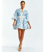 Mestiza New York Carmen Floral Print Mandarin Collar 3/4 Full Sleeve Tie-Waist Mini A-Line Dress