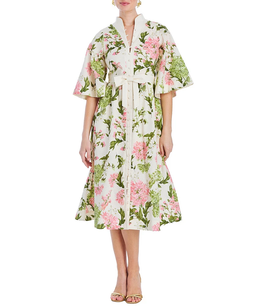 Mestiza New York Carmen Floral Print Mandarin Collar Elbow Butterfly Sleeve Midi Dress