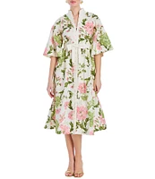 Mestiza New York Carmen Floral Print Mandarin Collar Elbow Butterfly Sleeve Midi Dress