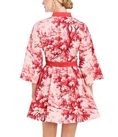 Mestiza New York Carmen Linen Cherry Blossom Print Mandarin Collar 3/4 Full Sleeve Mini A-Line Dress