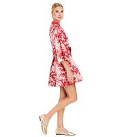 Mestiza New York Carmen Linen Cherry Blossom Print Mandarin Collar 3/4 Full Sleeve Mini A-Line Dress