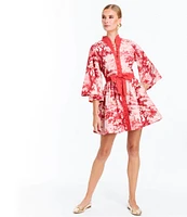 Mestiza New York Carmen Linen Cherry Blossom Print Mandarin Collar 3/4 Full Sleeve Mini A-Line Dress