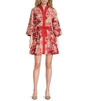 Mestiza New York Carmen Linen Cherry Blossom Print Mandarin Collar 3/4 Full Sleeve Mini A-Line Dress