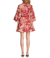 Mestiza New York Carmen Linen Cherry Blossom Print Mandarin Collar 3/4 Full Sleeve Mini A-Line Dress