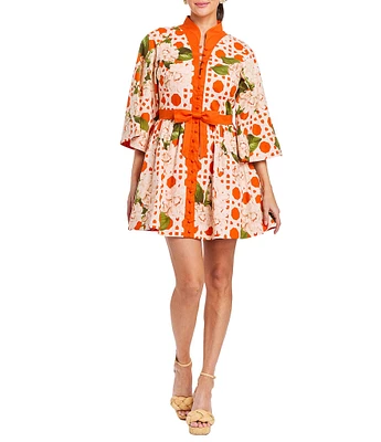 Mestiza New York Carmen Linen Dotted Floral Print Mandarin Collar 3/4 Full Sleeve Mini A-Line Dress