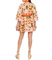 Mestiza New York Carmen Linen Dotted Floral Print Mandarin Collar 3/4 Full Sleeve Mini A-Line Dress