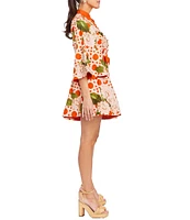 Mestiza New York Carmen Linen Dotted Floral Print Mandarin Collar 3/4 Full Sleeve Mini A-Line Dress