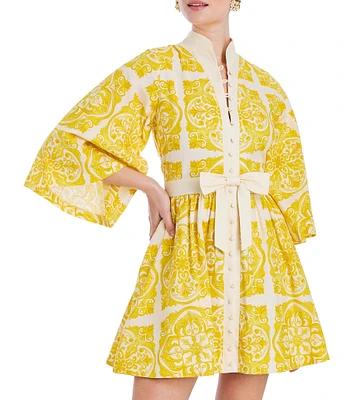 Mestiza New York Carmen Print Button Up Mandarin Collar Butterfly 3/4 Sleeve Bow Tie Waist Mini A-Line Dress