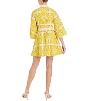 Mestiza New York Carmen Print Button Up Mandarin Collar Butterfly 3/4 Sleeve Bow Tie Waist Mini A-Line Dress