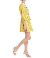 Mestiza New York Carmen Print Button Up Mandarin Collar Butterfly 3/4 Sleeve Bow Tie Waist Mini A-Line Dress