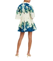 Mestiza New York Carmen Printed Button Up Mandarin Collar Butterfly 3/4 Sleeve Bow Tie Waist Linen Blend Mini A-Line Dress