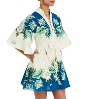 Mestiza New York Carmen Printed Button Up Mandarin Collar Butterfly 3/4 Sleeve Bow Tie Waist Linen Blend Mini A-Line Dress
