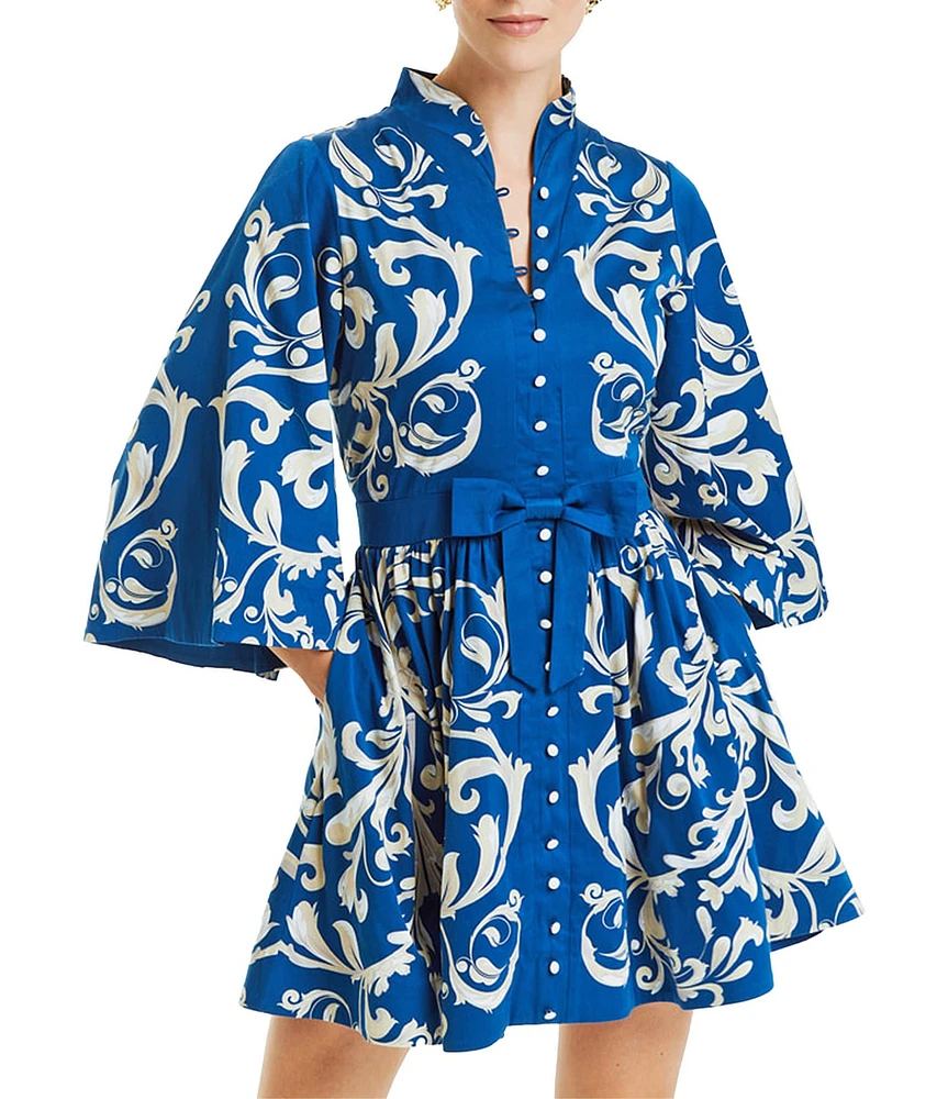 Mestiza New York Carmen Sateen Scroll Print Mandarin Collar 3/4 Full Sleeve Mini A-Line Dress