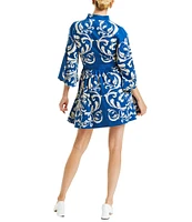 Mestiza New York Carmen Sateen Scroll Print Mandarin Collar 3/4 Full Sleeve Mini A-Line Dress