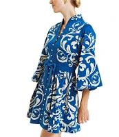 Mestiza New York Carmen Sateen Scroll Print Mandarin Collar 3/4 Full Sleeve Mini A-Line Dress