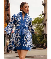 Mestiza New York Carmen Sateen Scroll Print Mandarin Collar 3/4 Full Sleeve Mini A-Line Dress