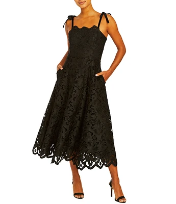 Mestiza New York Cataleya Laser Cut Lace Square Neck Tie Bow Strap Scallop Midi Dress