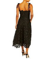 Mestiza New York Cataleya Laser Cut Lace Square Neck Tie Bow Strap Scallop Midi Dress