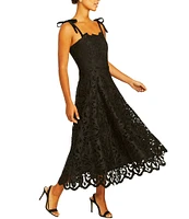 Mestiza New York Cataleya Laser Cut Lace Square Neck Tie Bow Strap Scallop Midi Dress