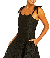 Mestiza New York Cataleya Laser Cut Lace Square Neck Tie Bow Strap Scallop Midi Dress