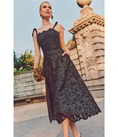 Mestiza New York Cataleya Laser Cut Lace Square Neck Tie Bow Strap Scallop Midi Dress