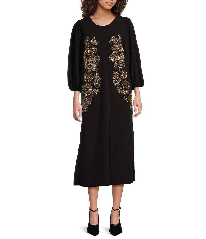 Mestiza New York Chiffon Beaded Floral Embroidery Round Neck 3/4 Sleeve Dress