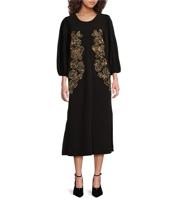 Mestiza New York Chiffon Beaded Floral Embroidery Round Neck 3/4 Sleeve Dress