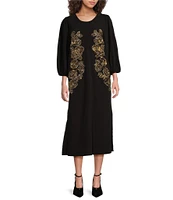 Mestiza New York Chiffon Beaded Floral Embroidery Round Neck 3/4 Sleeve Dress