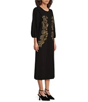 Mestiza New York Chiffon Beaded Floral Embroidery Round Neck 3/4 Sleeve Dress