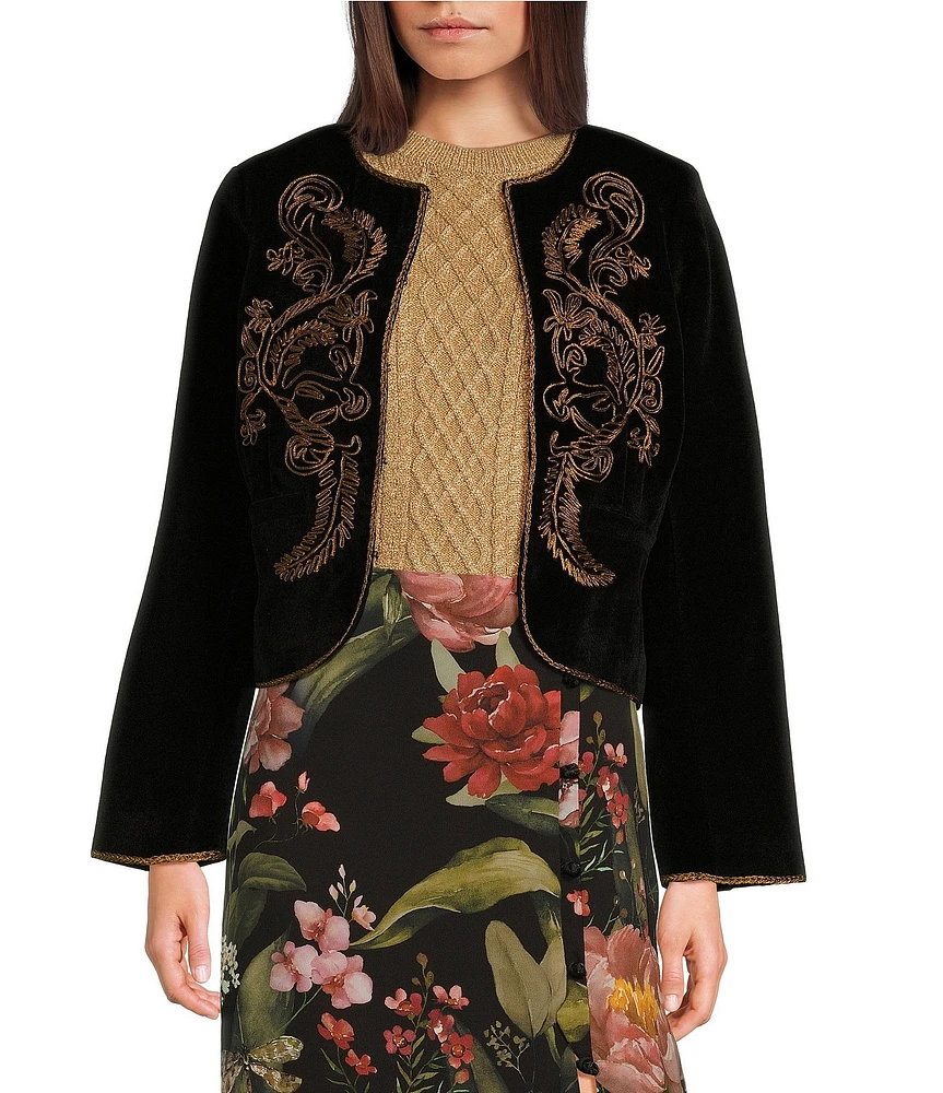 Mestiza New York Cruz Velvet Gold Embroidered Round Neck Long Sleeve Cropped Jacket