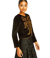 Mestiza New York Cruz Velvet Gold Embroidered Round Neck Long Sleeve Cropped Jacket