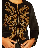 Mestiza New York Cruz Velvet Gold Embroidered Round Neck Long Sleeve Cropped Jacket